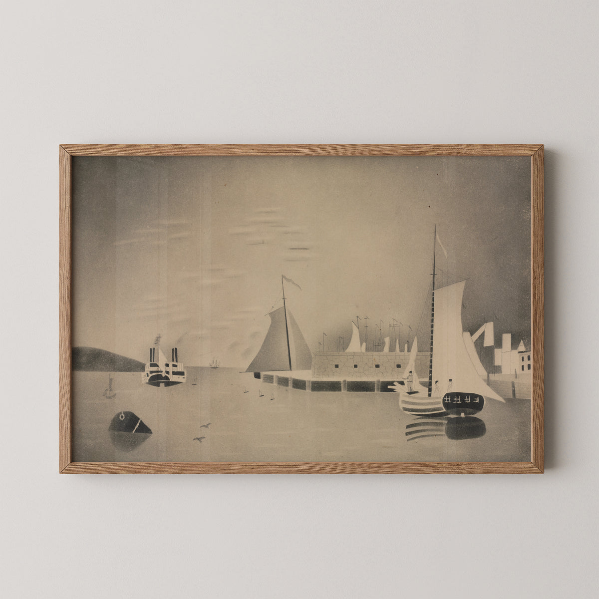 Harbor Scene by Mary Altha Nims, art print in a natural wood frame