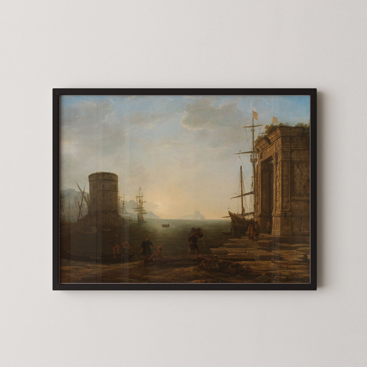 Harbour at Sunrise by Claude Lorrain, art print in a black frame
