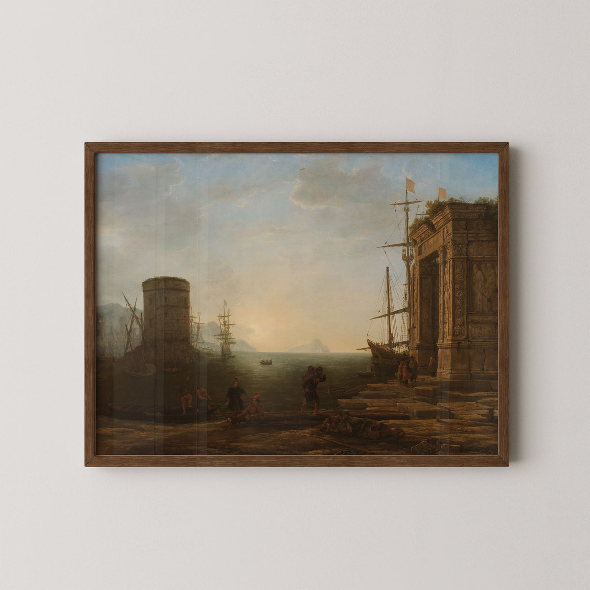 Harbour at Sunrise by Claude Lorrain, art print in a dark wood frame