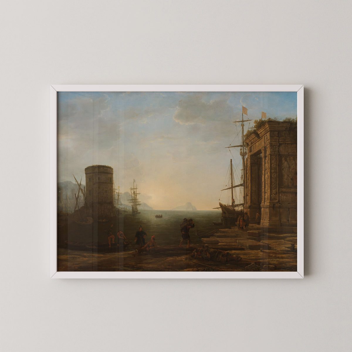 Harbour at Sunrise by Claude Lorrain, art print in a white frame
