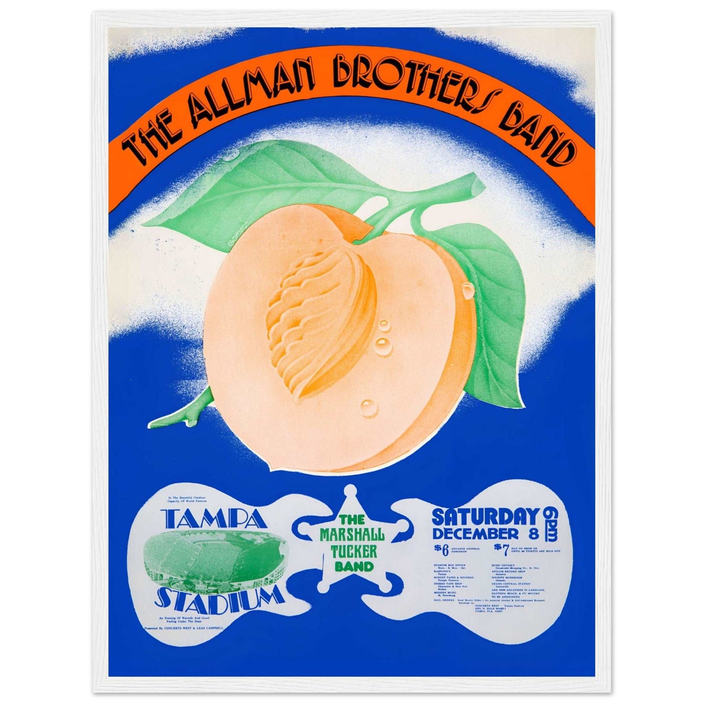 Vintage The Allman Brothers Band concert poster featuring peach illustration and bold blue background