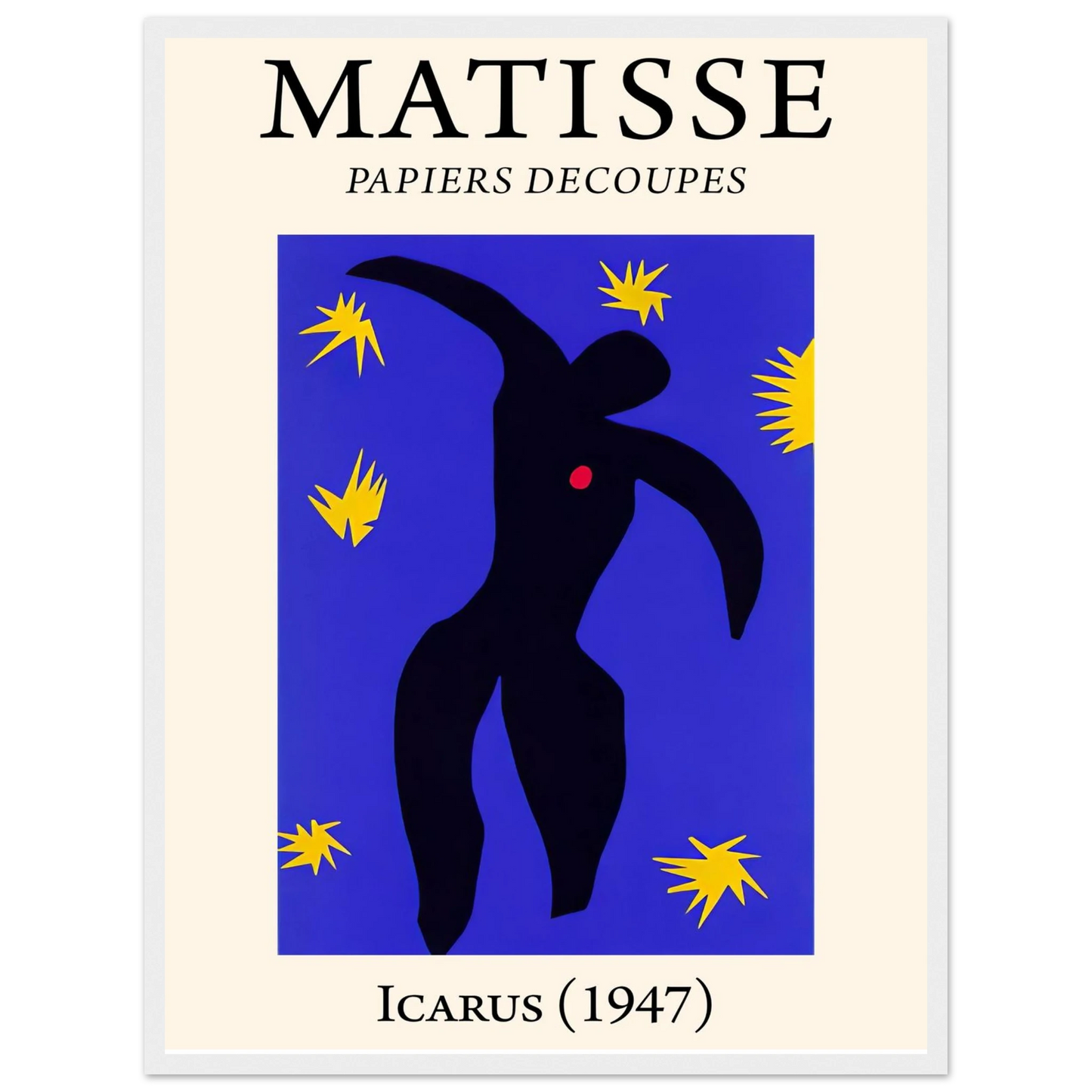 Abstract cut-out artwork Icarus by Matisse, showing the mythological figure with a red heart and vibrant background colors.