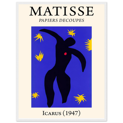 Abstract cut-out artwork Icarus by Matisse, showing the mythological figure with a red heart and vibrant background colors.