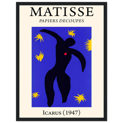 This high-quality reproduction of Icarus by Henri Matisse, from his groundbreaking Jazz series (1947), is one of the most recognizable works of modern art. Created using his signature cut-paper technique, this image shows the mythological figure of Icarus against a deep blue background, surrounded by bright yellow stars and a bold red heart—symbolizing both ambition and vulnerability. Printed on archival-grade paper, this poster print is ideal as wall art for modern interiors, creative studios, or mid-centu