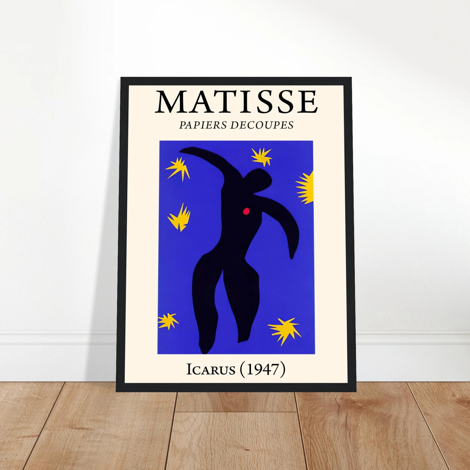 This high-quality reproduction of Icarus by Henri Matisse, from his groundbreaking Jazz series (1947), is one of the most recognizable works of modern art. Created using his signature cut-paper technique, this image shows the mythological figure of Icarus against a deep blue background, surrounded by bright yellow stars and a bold red heart—symbolizing both ambition and vulnerability. Printed on archival-grade paper, this poster print is ideal as wall art for modern interiors, creative studios, or mid-centu