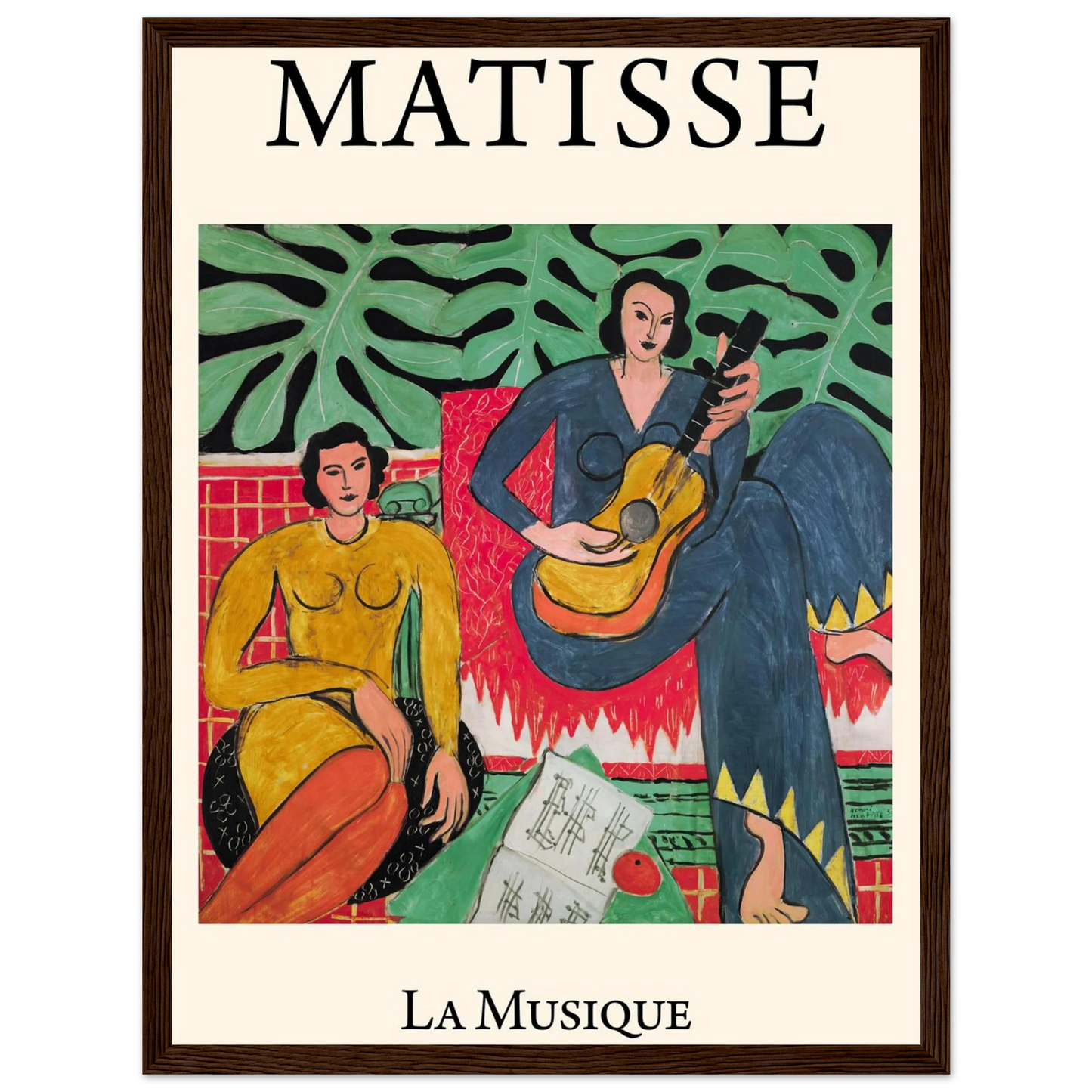 High-quality reproduction of La Musique (1939) by Henri Matisse, featuring two women and a guitar in a vibrant study of color and rhythm.