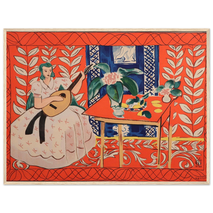 High-quality reproduction print of Woman Playing Lute by Henri Matisse, capturing serene musical harmony through vivid color and simplified form.
