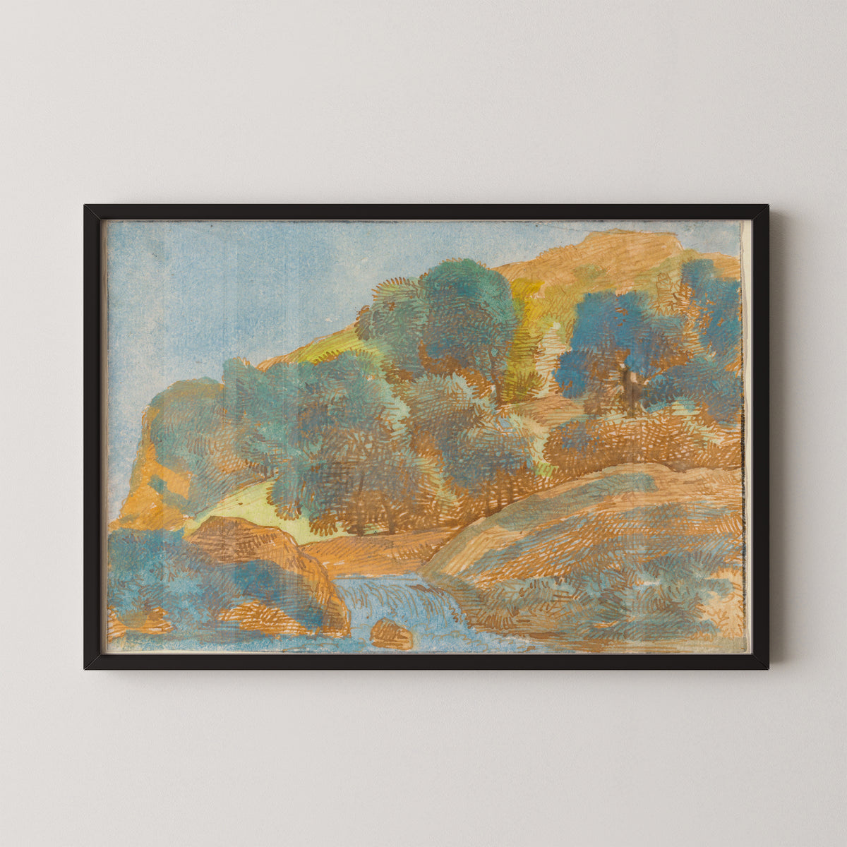 Hilly Landscape with a Stream by Franz Innocenz Josef Kobell, watercolor landscape in a black frame