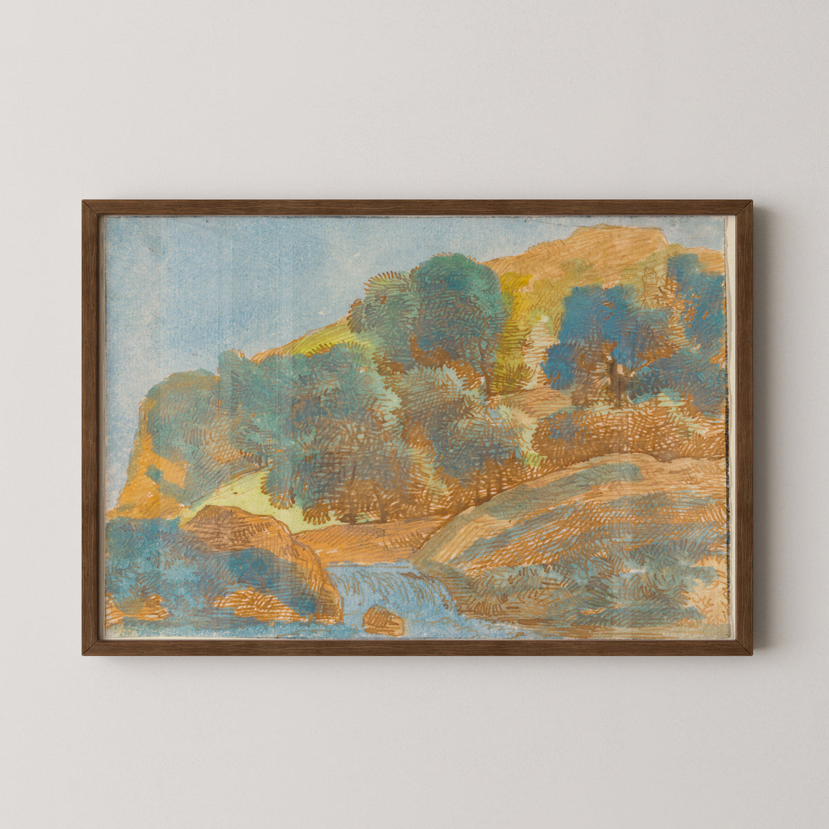 Dark wood-framed Hilly Landscape with a Stream, with short ink marks and textured tree foliage