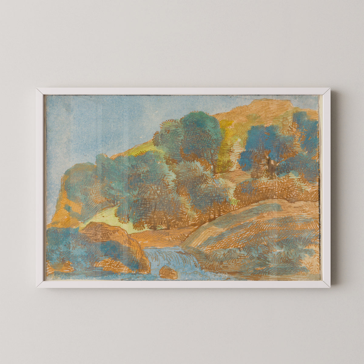 White-framed Franz Kobell landscape print with cool blue water and warm golden banks
