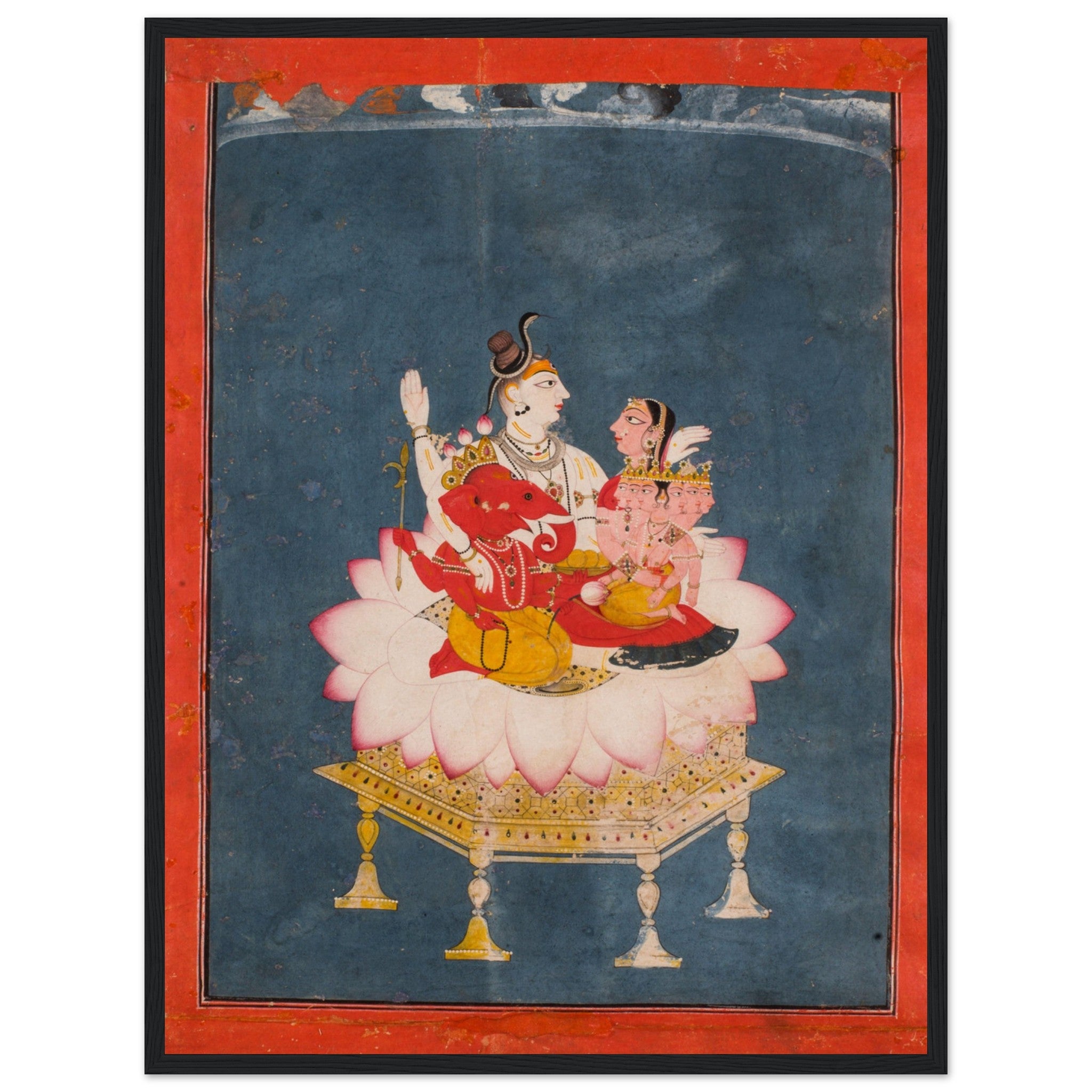 Religious art print of the Hindu Holy Family — Shiva, Parvati, Ganesha, and Karttikeya — symbolizing divine unity and protection.