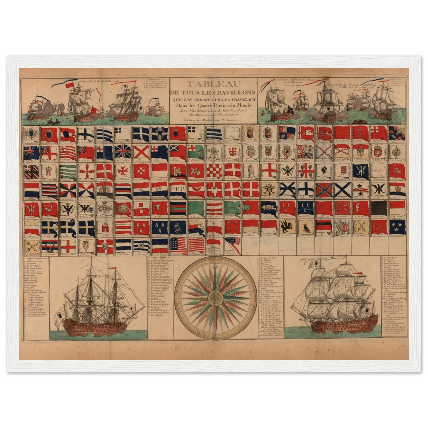 Beautiful reproduction of a historical maritime flags chart from France, depicting sailing ships, emblems, and a compass rose. Ideal for nautical interiors and vintage map collectors.