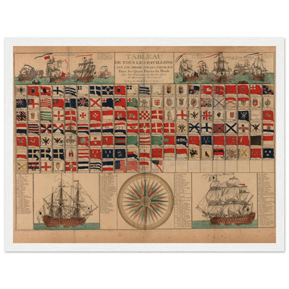 Beautiful reproduction of a historical maritime flags chart from France, depicting sailing ships, emblems, and a compass rose. Ideal for nautical interiors and vintage map collectors.