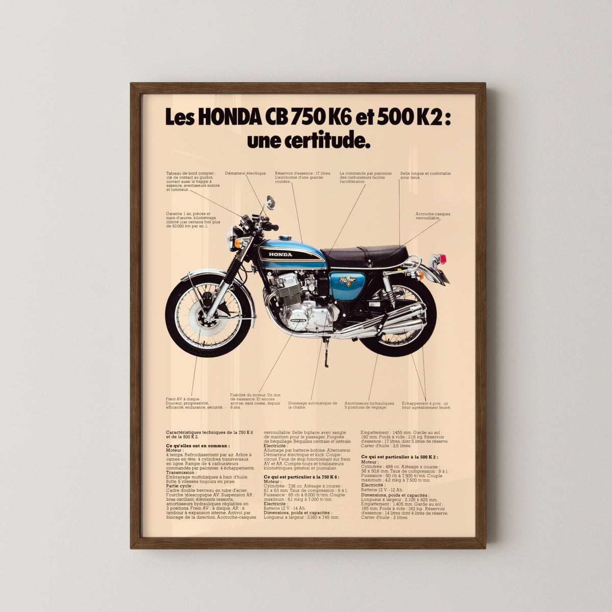 Honda CB750 French Advertisement Poster – darkwood frame mockup