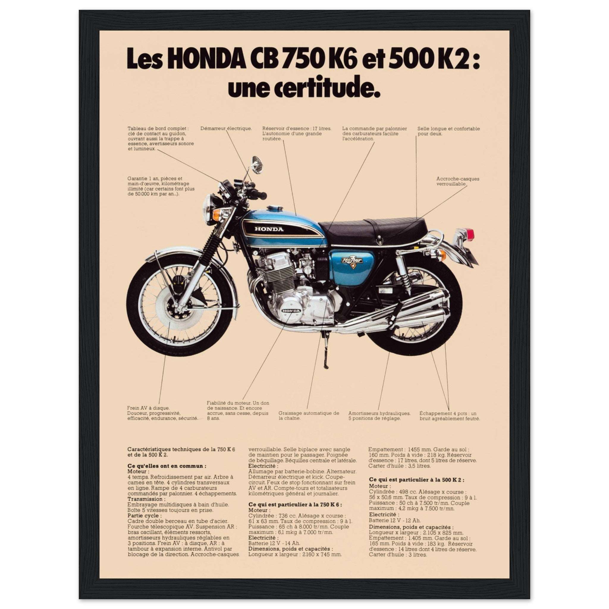 Classic Honda CB750 French poster, celebrating the legendary café racer. Perfect for motorcycle enthusiasts & vintage bike collectors. Shop now!