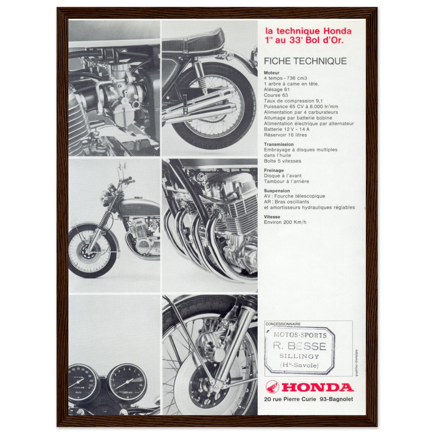 Vintage Honda CB750 motorcycle poster print celebrating classic Japanese bike design and 1970s motorcycling heritage.