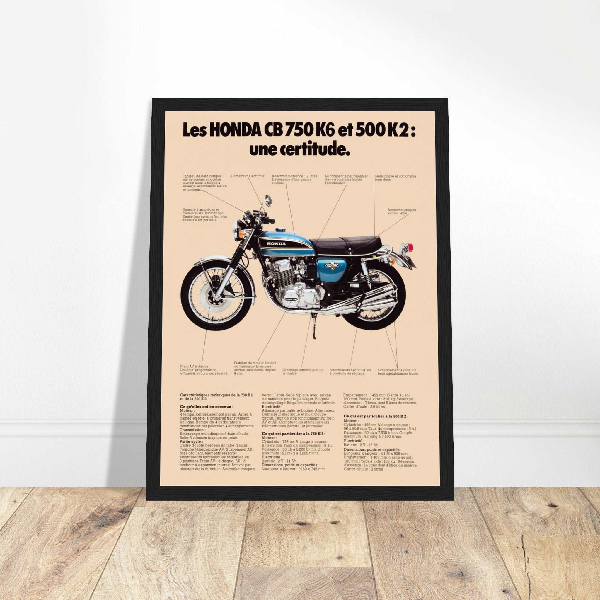 Classic Honda CB750 French poster, celebrating the legendary café racer. Perfect for motorcycle enthusiasts & vintage bike collectors. Shop now!