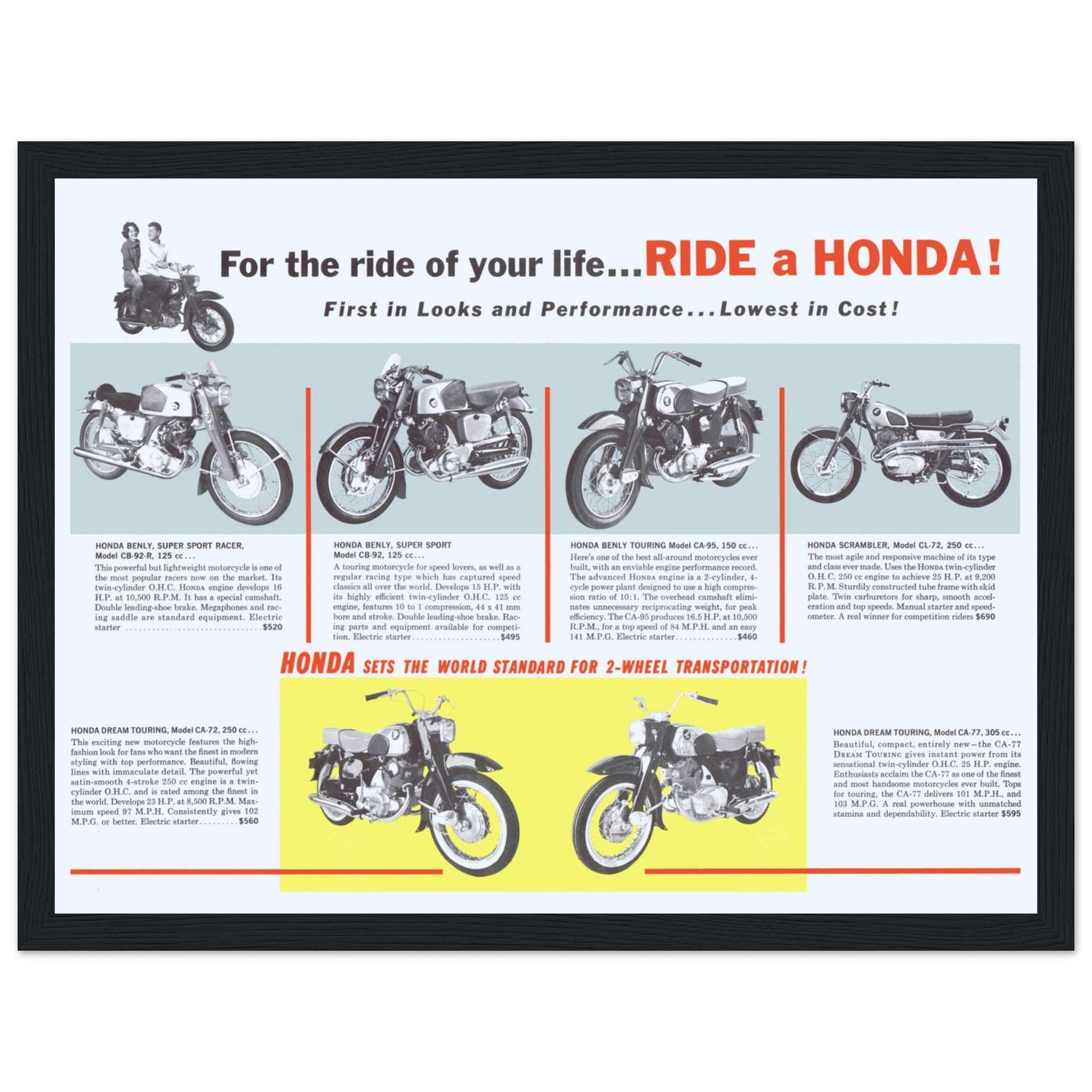 Discover the Honda poster featuring iconic models like Benly Super Sport CB-92 125cc, CB-92 125cc, CA-95 150cc Touring, CL-72 250cc Scrambler, and CA-72 250cc Touring. Perfect for motorcycle lovers. Shop now!