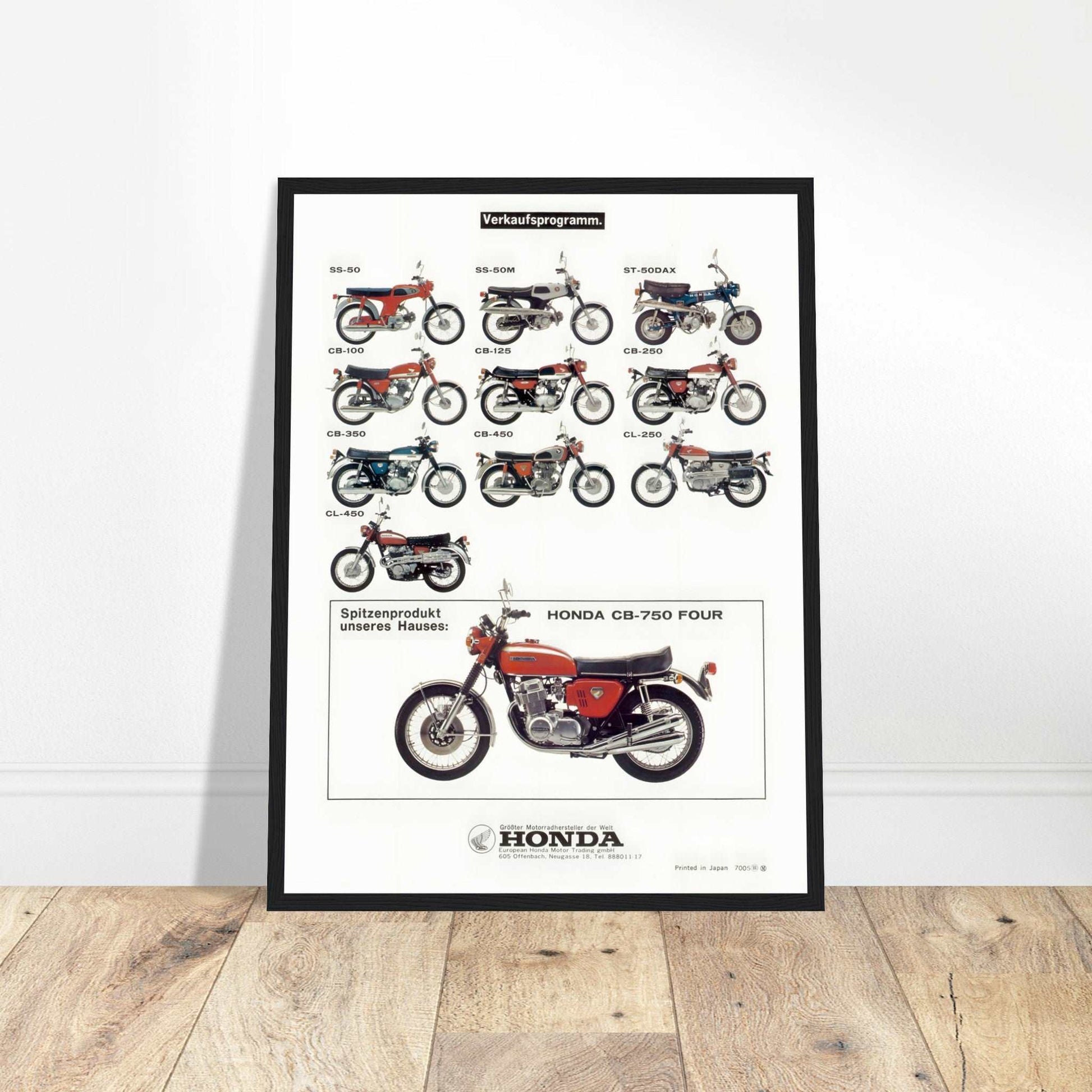 Celebrate Honda motorcycles with a vintage poster featuring CB-750 Four, CB-100, CB-350 & more. Perfect for riders & collectors. Get yours today!
