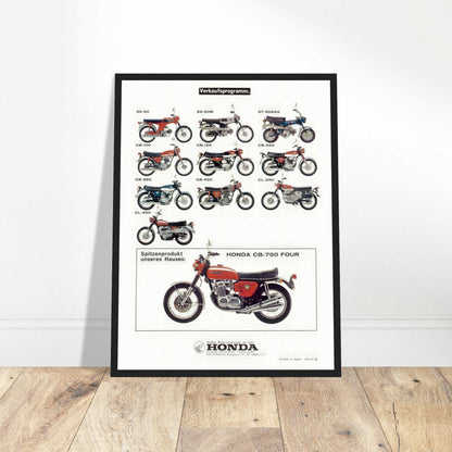 Celebrate Honda motorcycles with a vintage poster featuring CB-750 Four, CB-100, CB-350 & more. Perfect for riders & collectors. Get yours today!