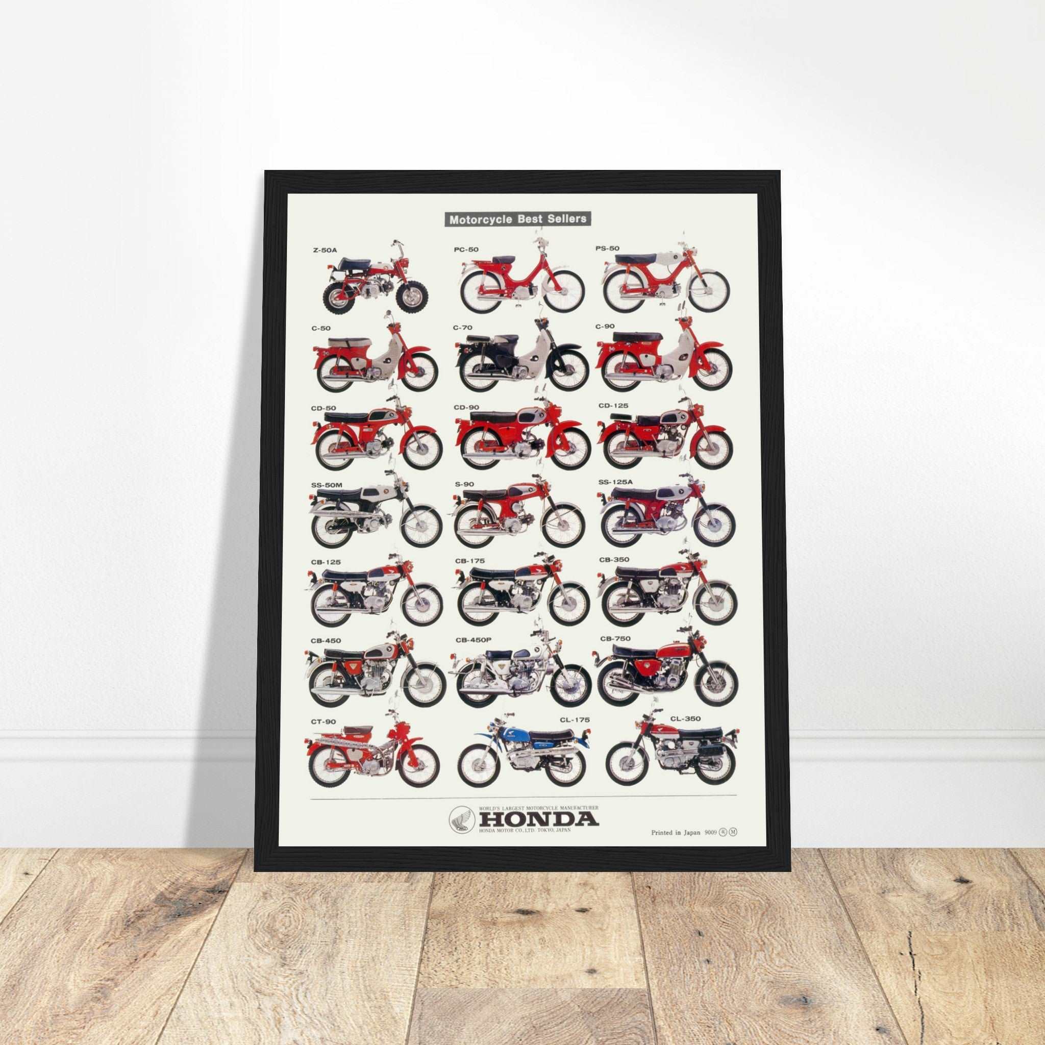 Discover the Honda Vintage Best Sellers poster, showcasing iconic motorcycles from Honda, including legendary models such as the CL-350, CL-175, CT-90, CB-750, CB-450P, CB-450, CB-350, CB-175, CB-125, SS-125A, S-90, SS-50M, CD-125, CD-90, CD-50, C-90, C-70, C-50, PS-50, PC-50, and Z-50A. This retro motorcycle wall art is a must-have for motorcycle collectors, fans of Honda motorcycles, and lovers of vintage decor. Perfect for home, garage, or office, this poster celebrates the history of Honda’s best-sellin