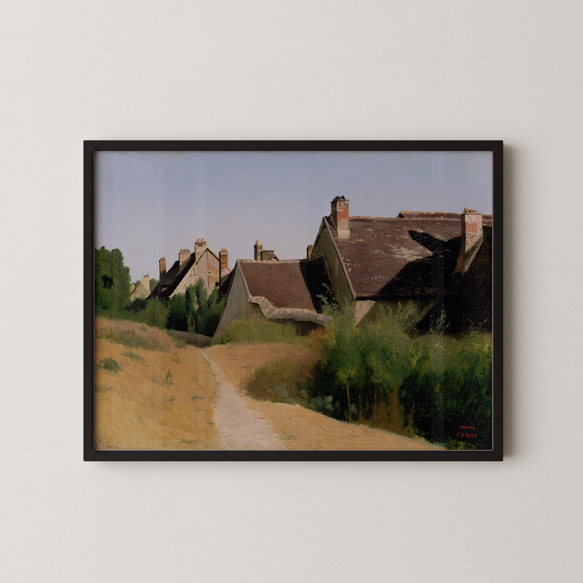 Houses near Orléans (Maisons aux Environs d'Orléans) (2002.35) by Jean-Baptiste-Camille Corot, art print in a black frame