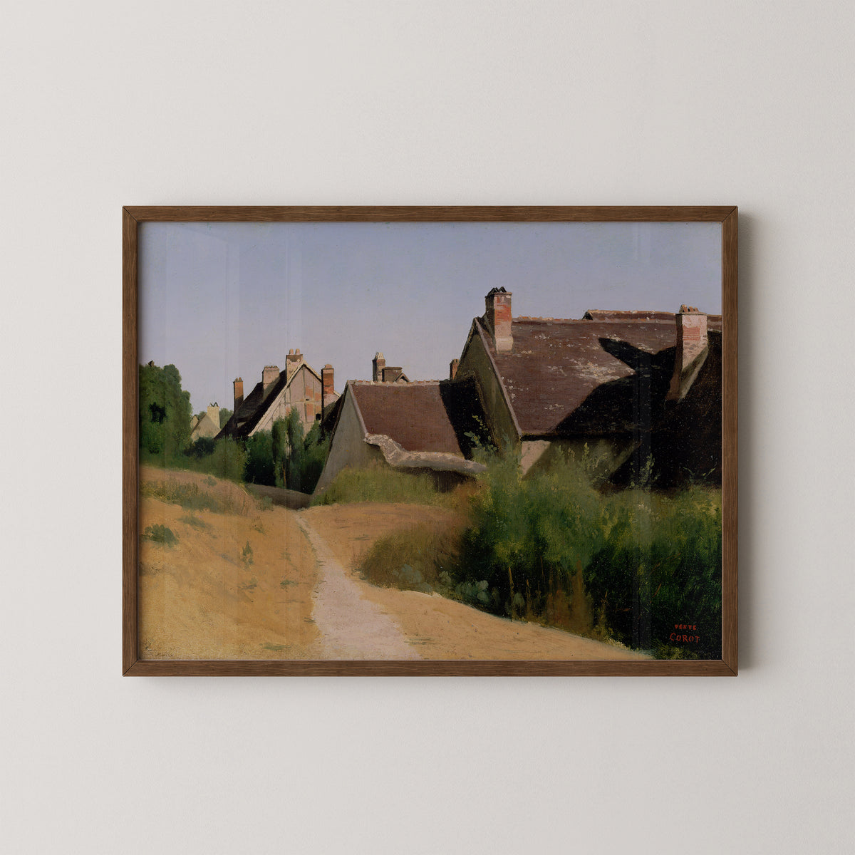 Houses near Orléans (Maisons aux Environs d'Orléans) (2002.35) by Jean-Baptiste-Camille Corot, art print in a dark wood frame