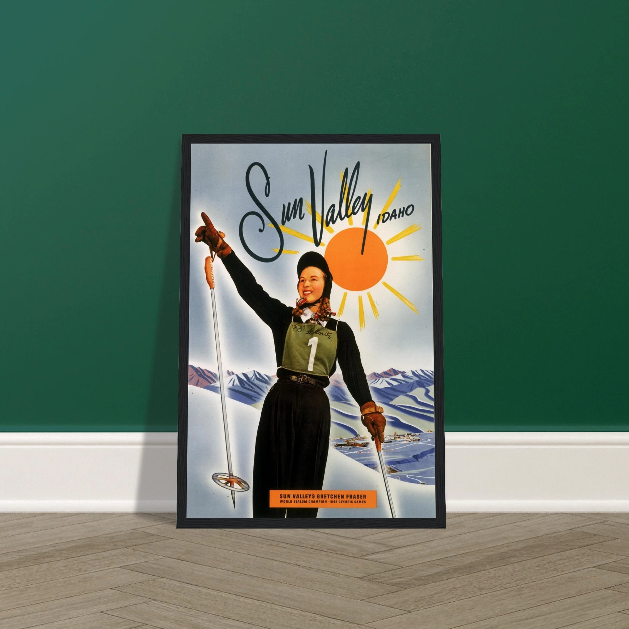 Celebrate the timeless charm of Sun Valley, Idaho, with this stunning retro ski poster—a perfect tribute to one of America's first and most iconic ski resorts. Featuring classic mid-century design and snowy alpine landscapes, this print evokes the golden age of skiing and vintage travel. Whether you're decorating a ski cabin, mountain lodge, or rustic living space, this poster is ideal for winter sports enthusiasts, vintage travel art collectors, and fans of American alpine history. Channel the magic of fre