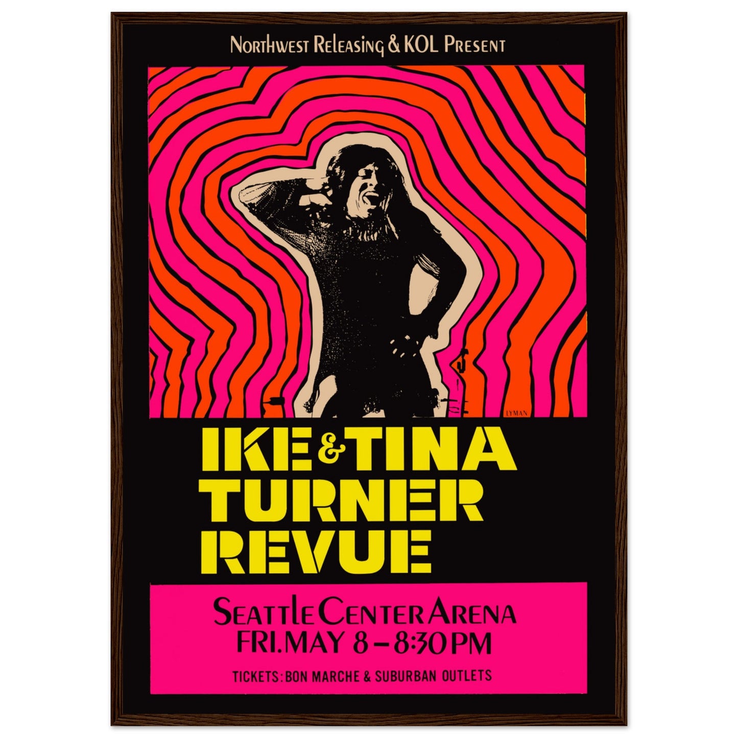 1960s Ike and Tina Turner rock and soul concert poster — bold vintage artwork for retro wall decor and classic music fans.