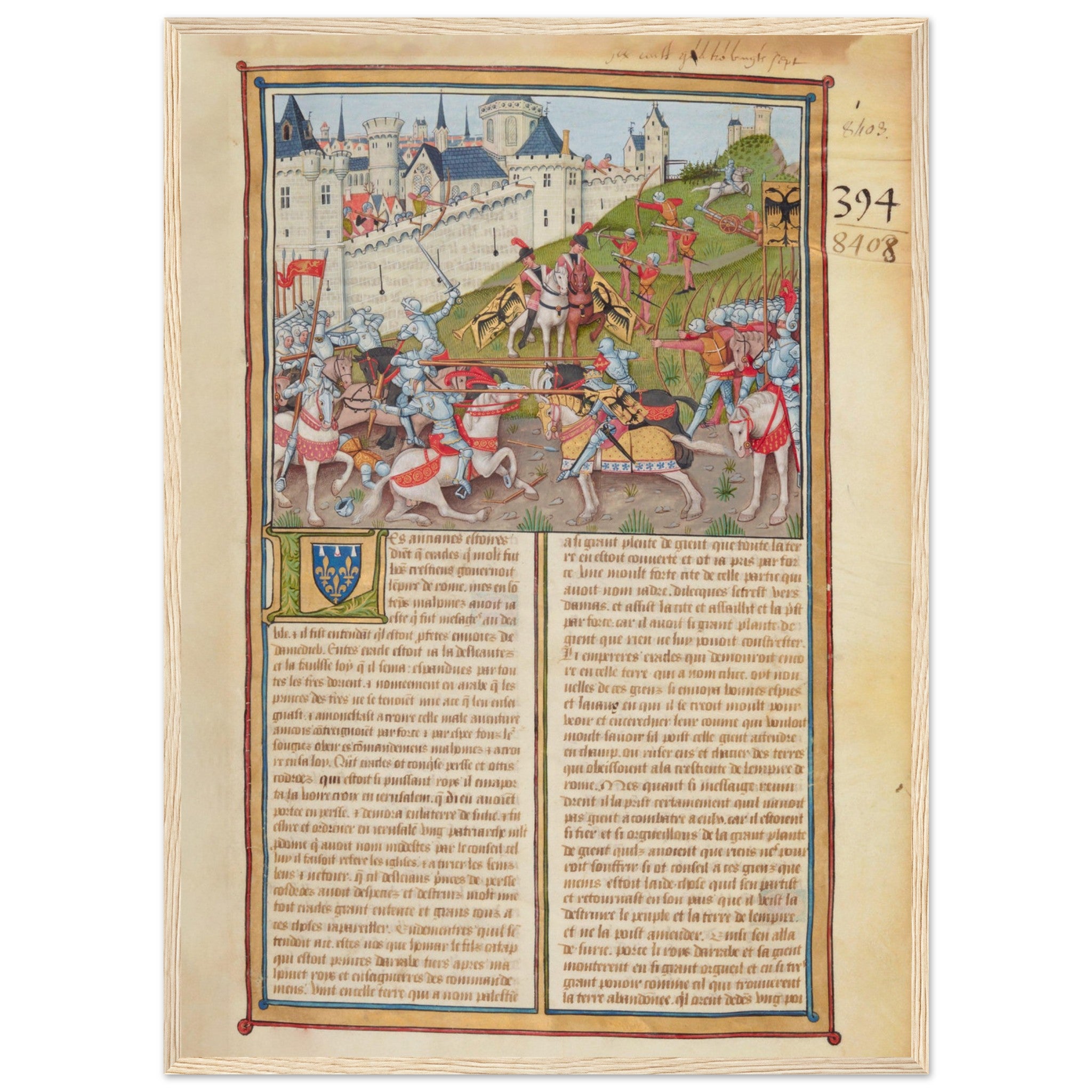 Illuminated codex print depicting medieval warriors and knights in armor — vintage manuscript art for classic decor.