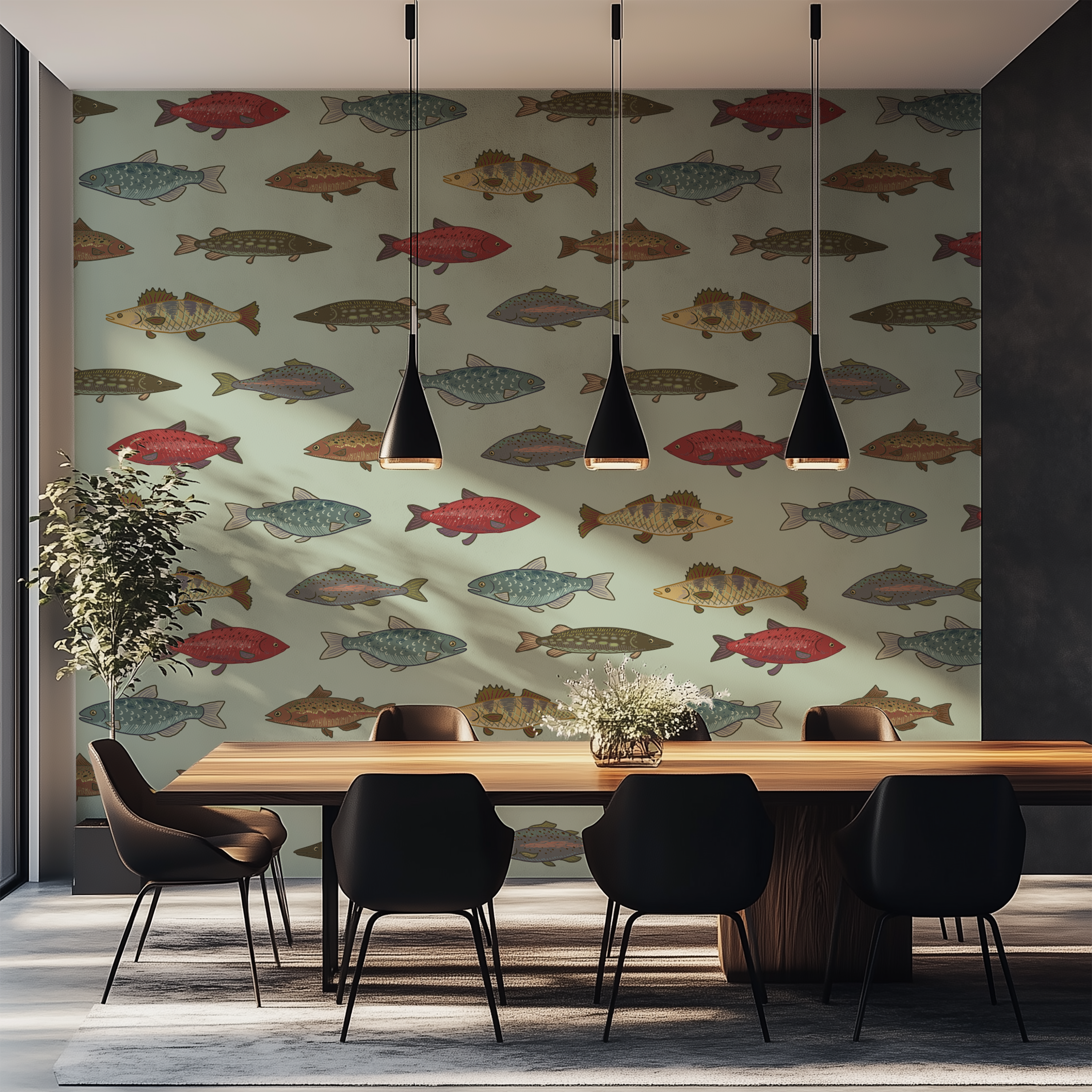 Freshwater fish wallpaper, trout wallpaper, perch wallpaper, vintage wildlife wallpaper, custom wallpaper