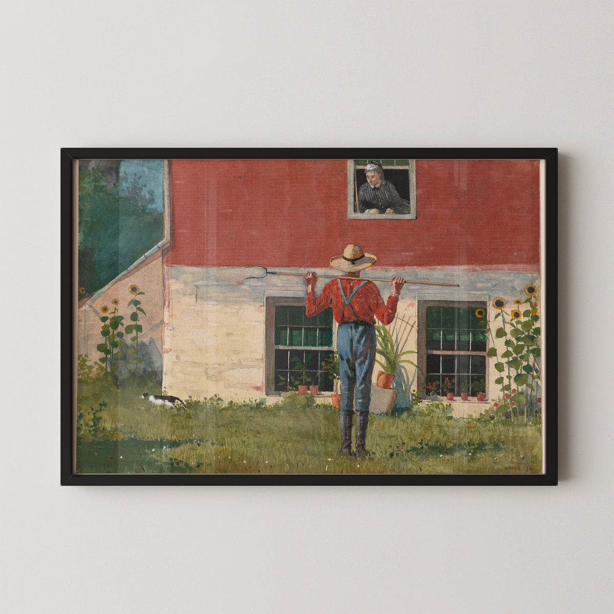 In the Garden (Rustic Courtship) by Winslow Homer, courtyard scene with a gardener in a black frame