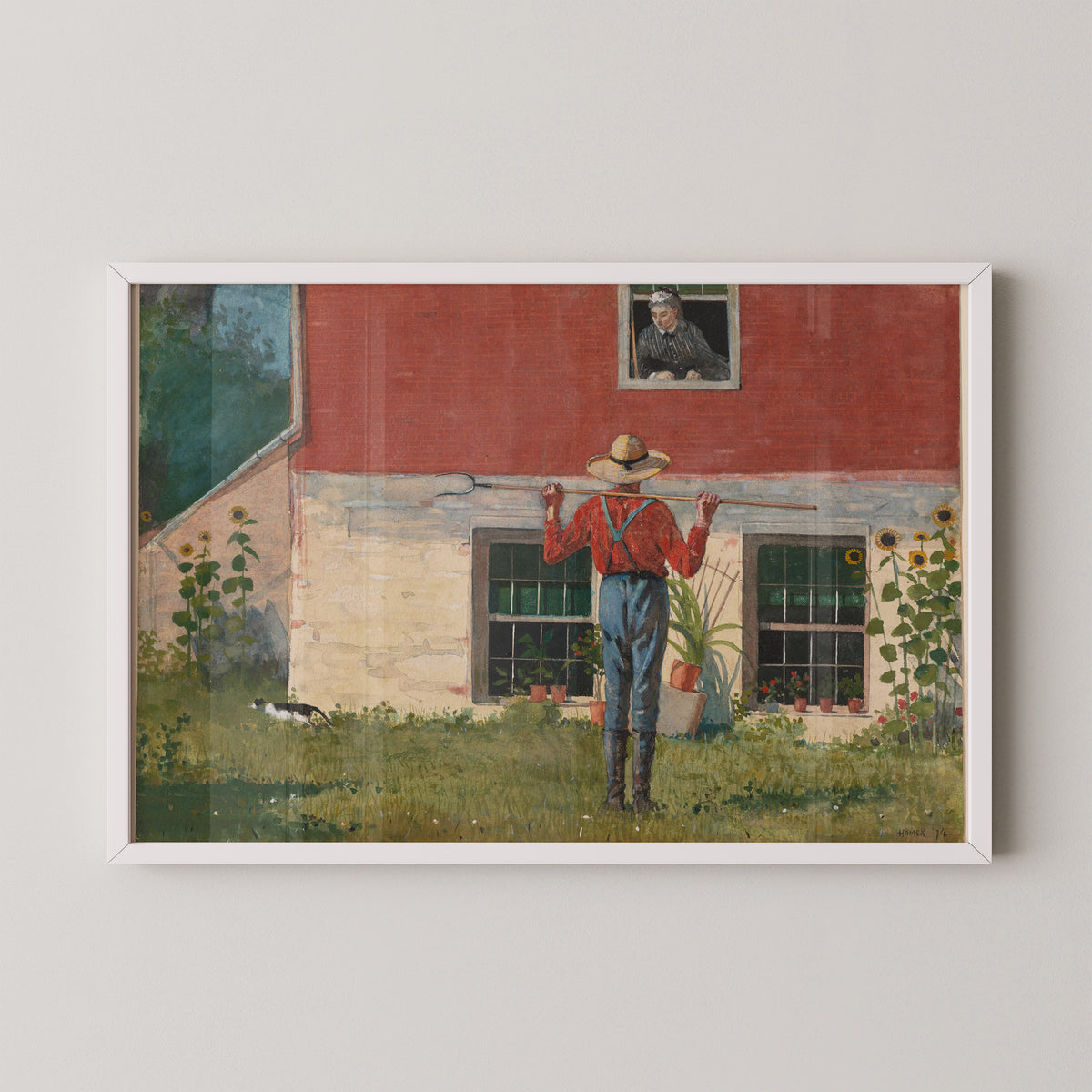 White-framed Winslow Homer garden print with warm brick, cream walls and a figure at the window