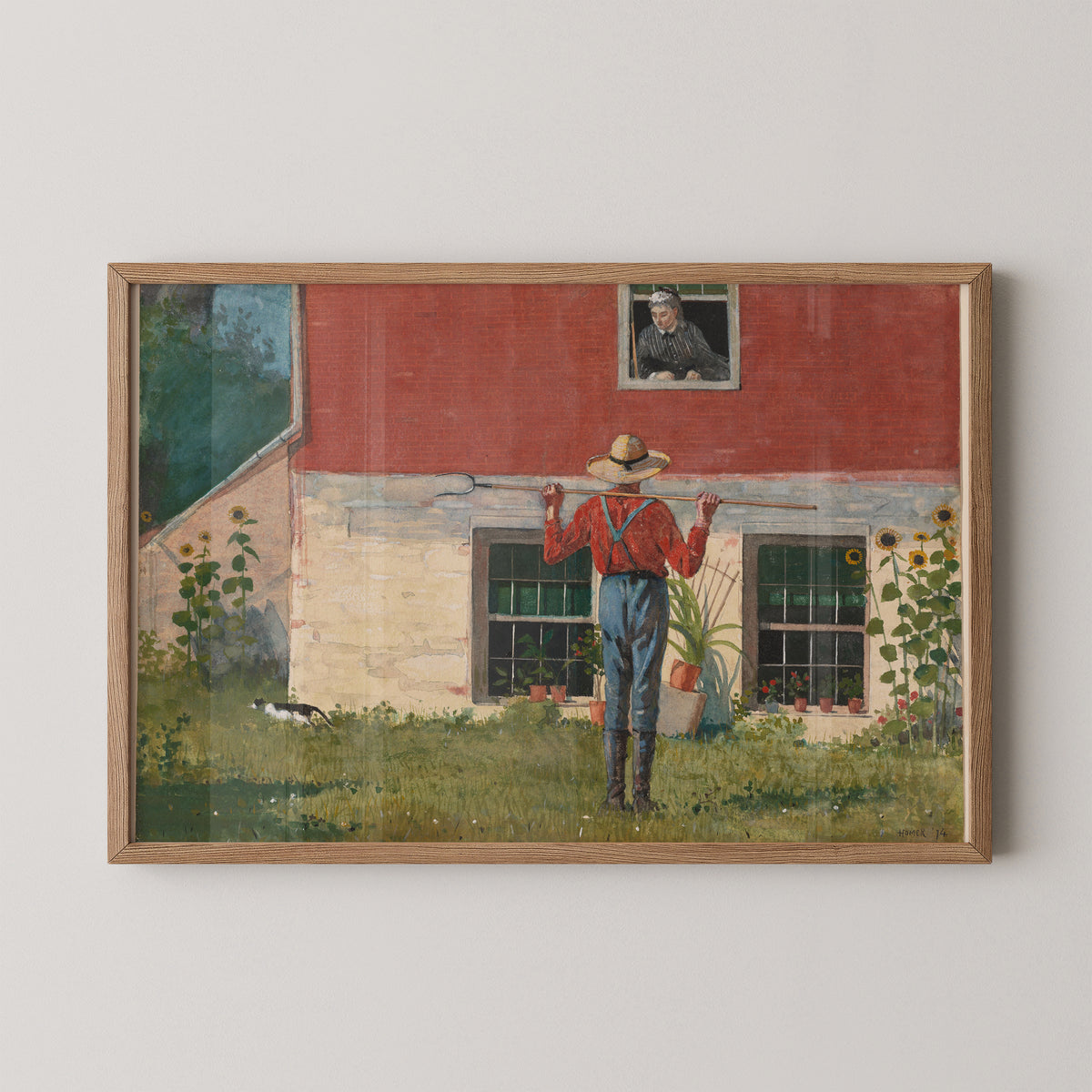 Natural wood-framed Homer print with a red-shirted gardener carrying a hoe beneath an upstairs window