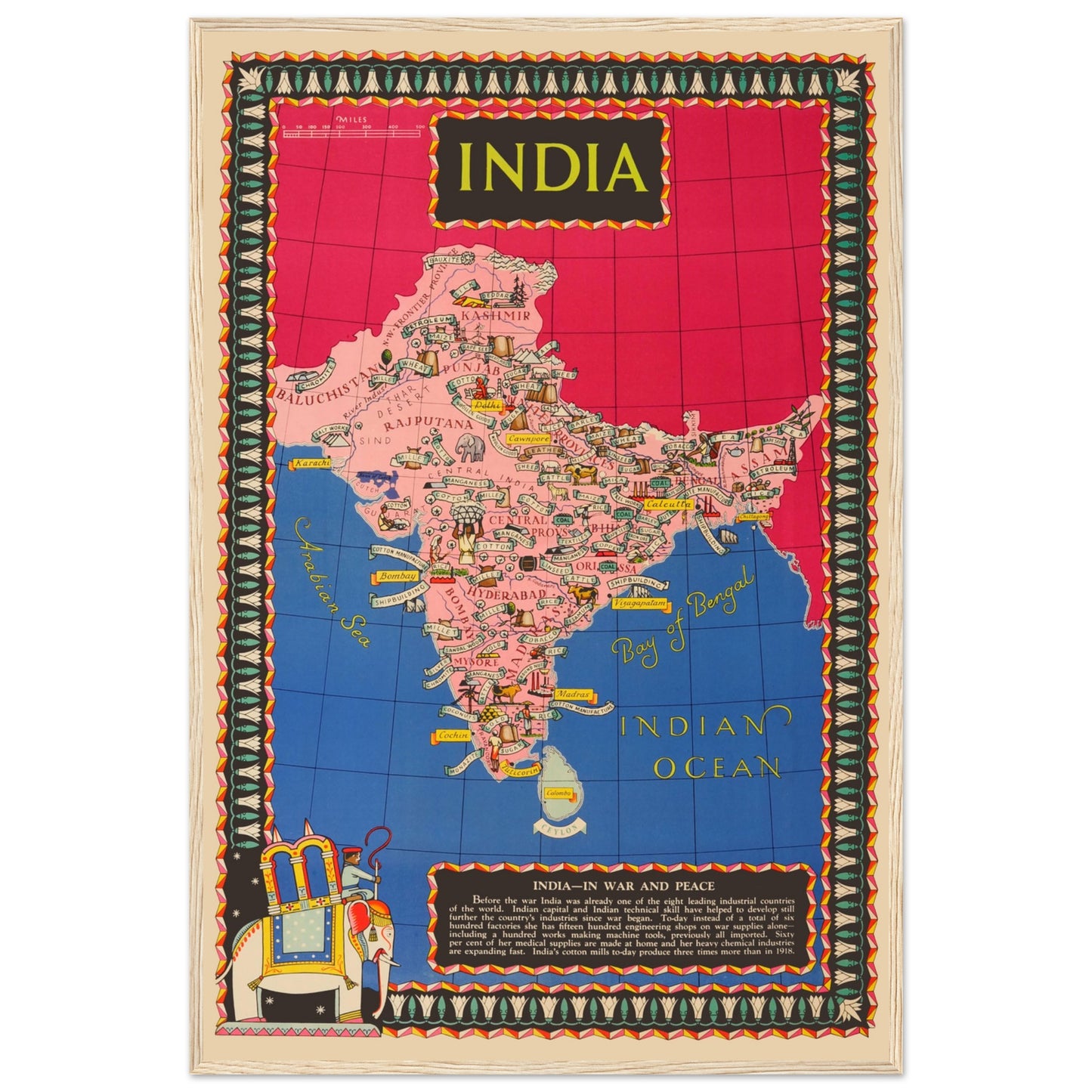 Artistic vintage map print of India with decorative elephant graphic and retro geographic details