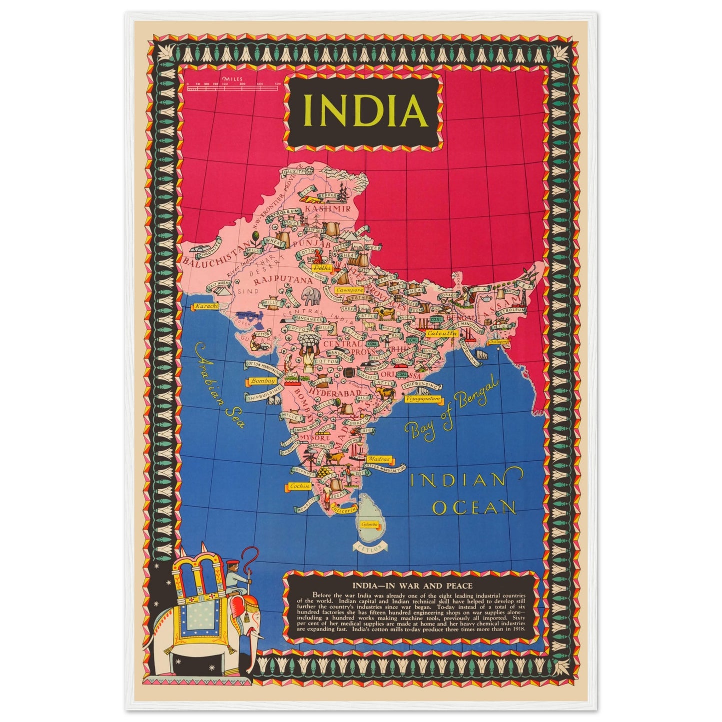 Retro India map wall art showing states, cities and icons in bright pink and blue tones