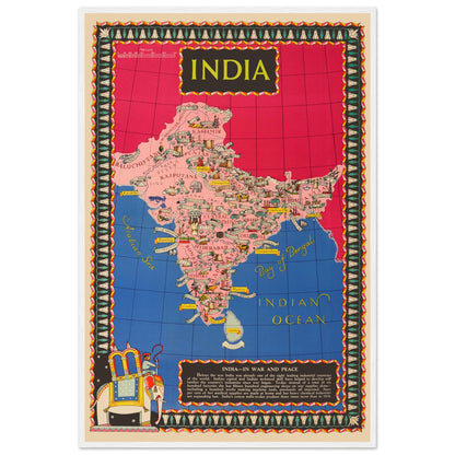 Retro India map wall art showing states, cities and icons in bright pink and blue tones