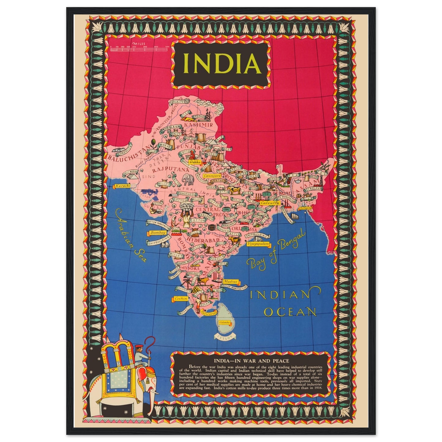 Colorful vintage map of India for travel decor, illustrated with cities, rivers and regional artwork