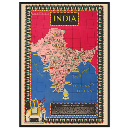 Colorful vintage map of India for travel decor, illustrated with cities, rivers and regional artwork