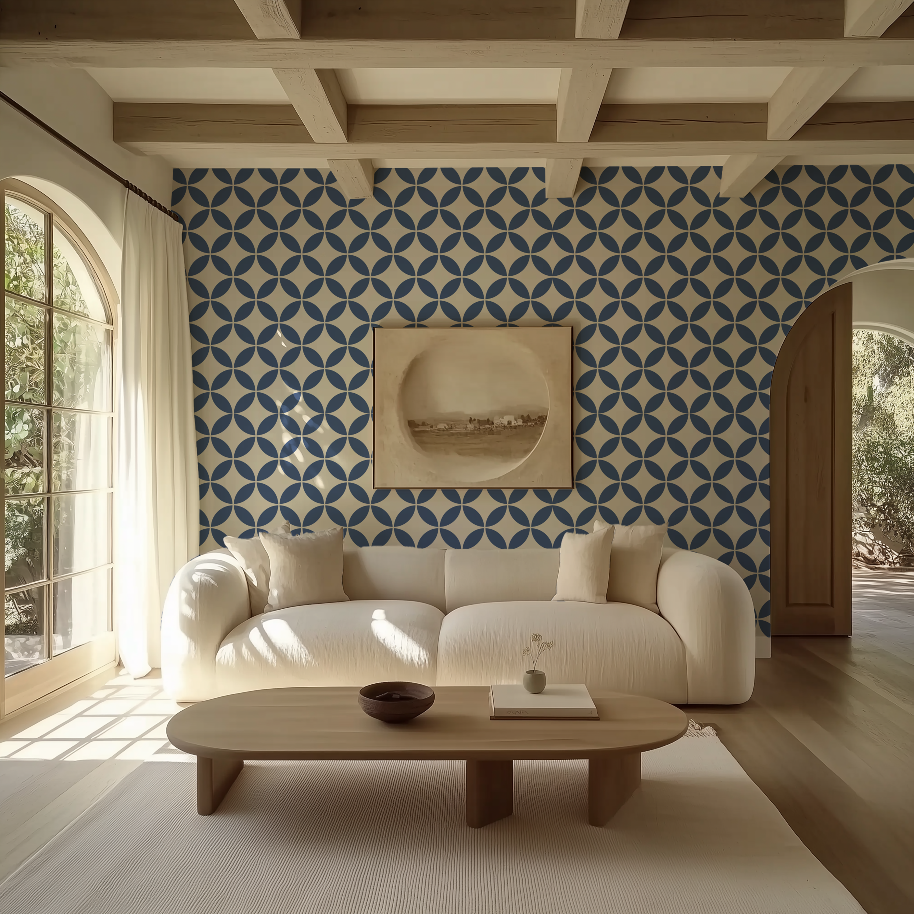 Navy blue geometric wallpaper with a retro circle pattern in a warm modern living room