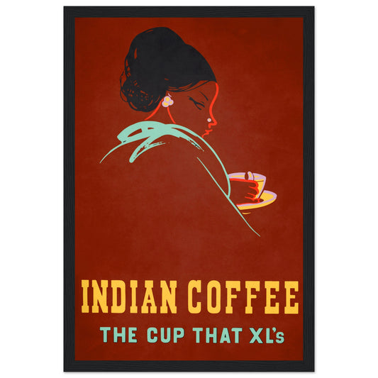 Vintage Indian Coffee advertising poster by the Coffee Board Bangalore, featuring a colorful stylized illustration of a lady enjoying a cup of coffee.