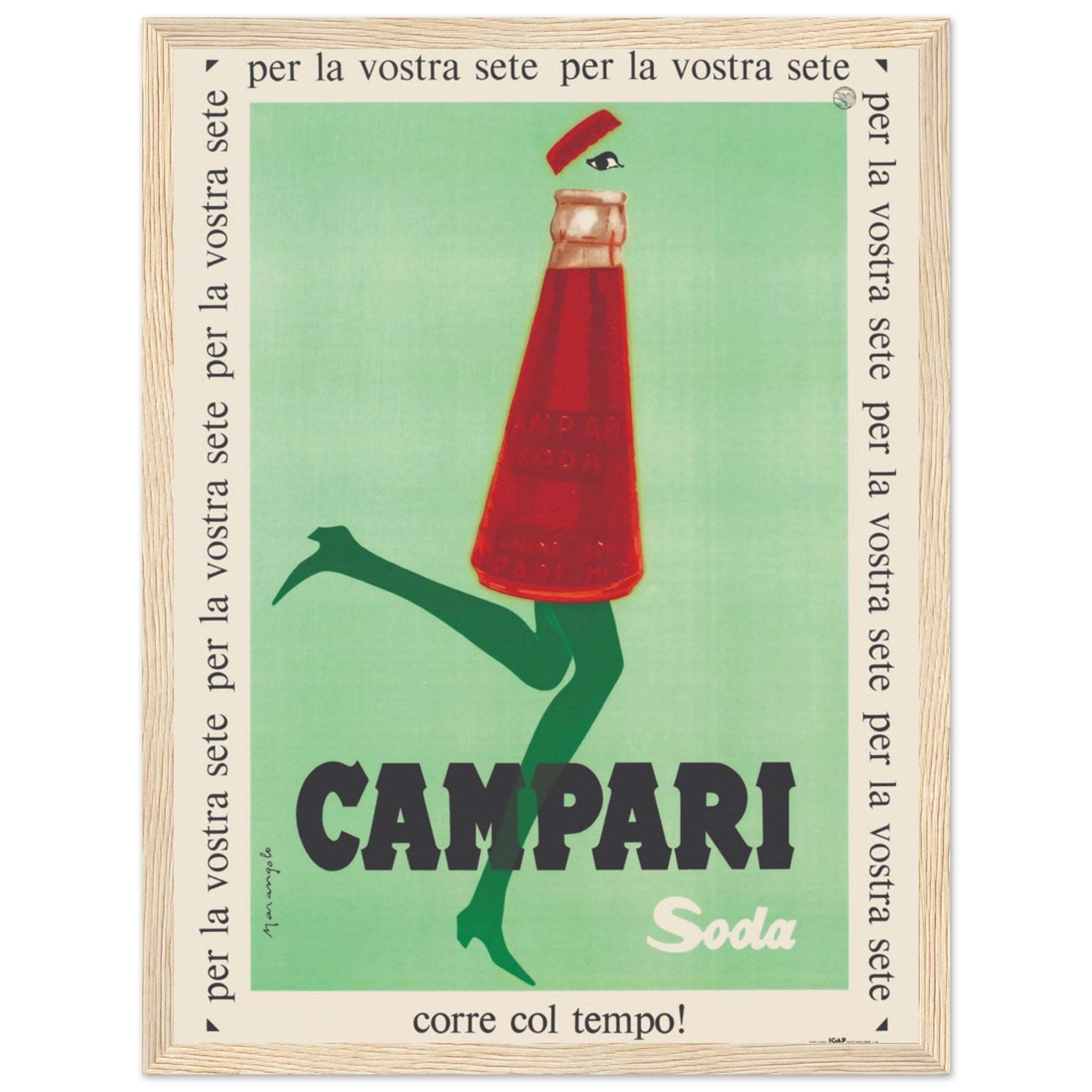 Stylish Campari Soda Italian vintage poster featuring 1950s advertising art. Ideal wall decor for bars, cafes, restaurants, and mid-century design lovers.