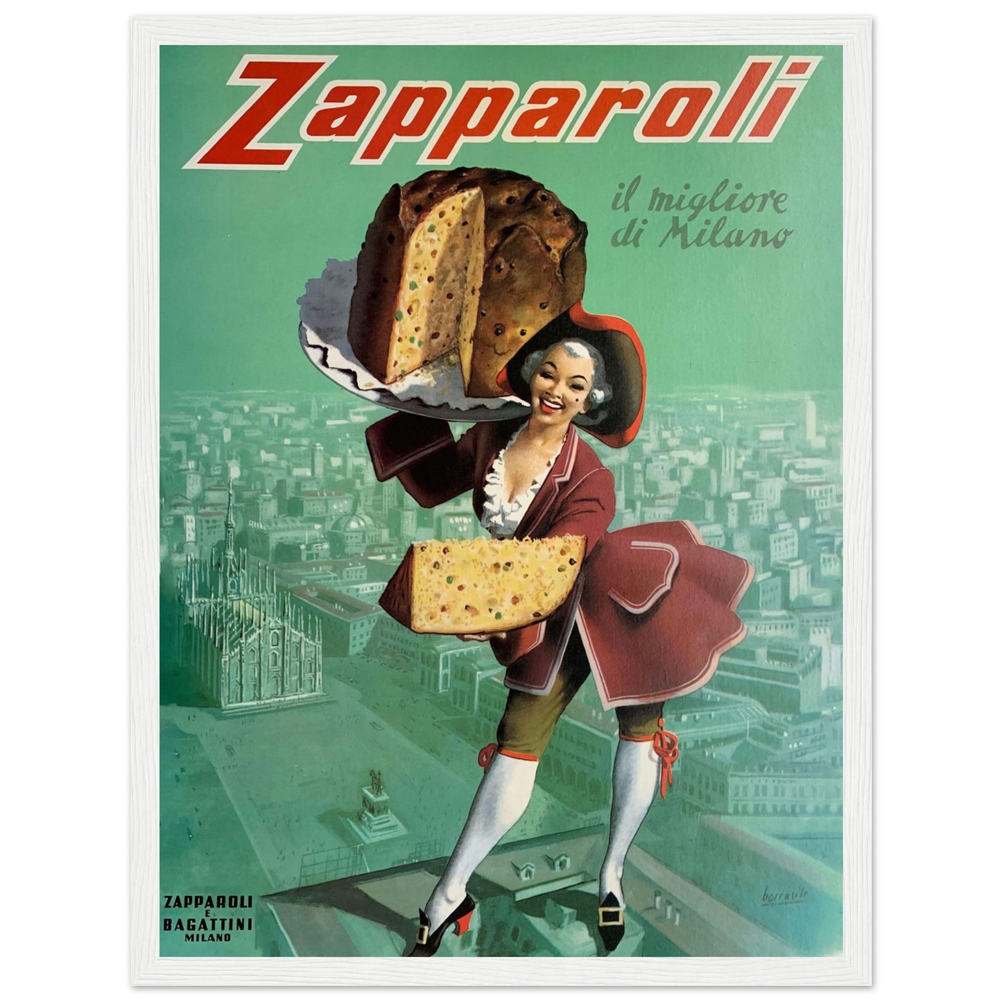 Vintage Italian dessert poster featuring a joyful figure serving panettone — a classic Milan food advertising print for collectors.