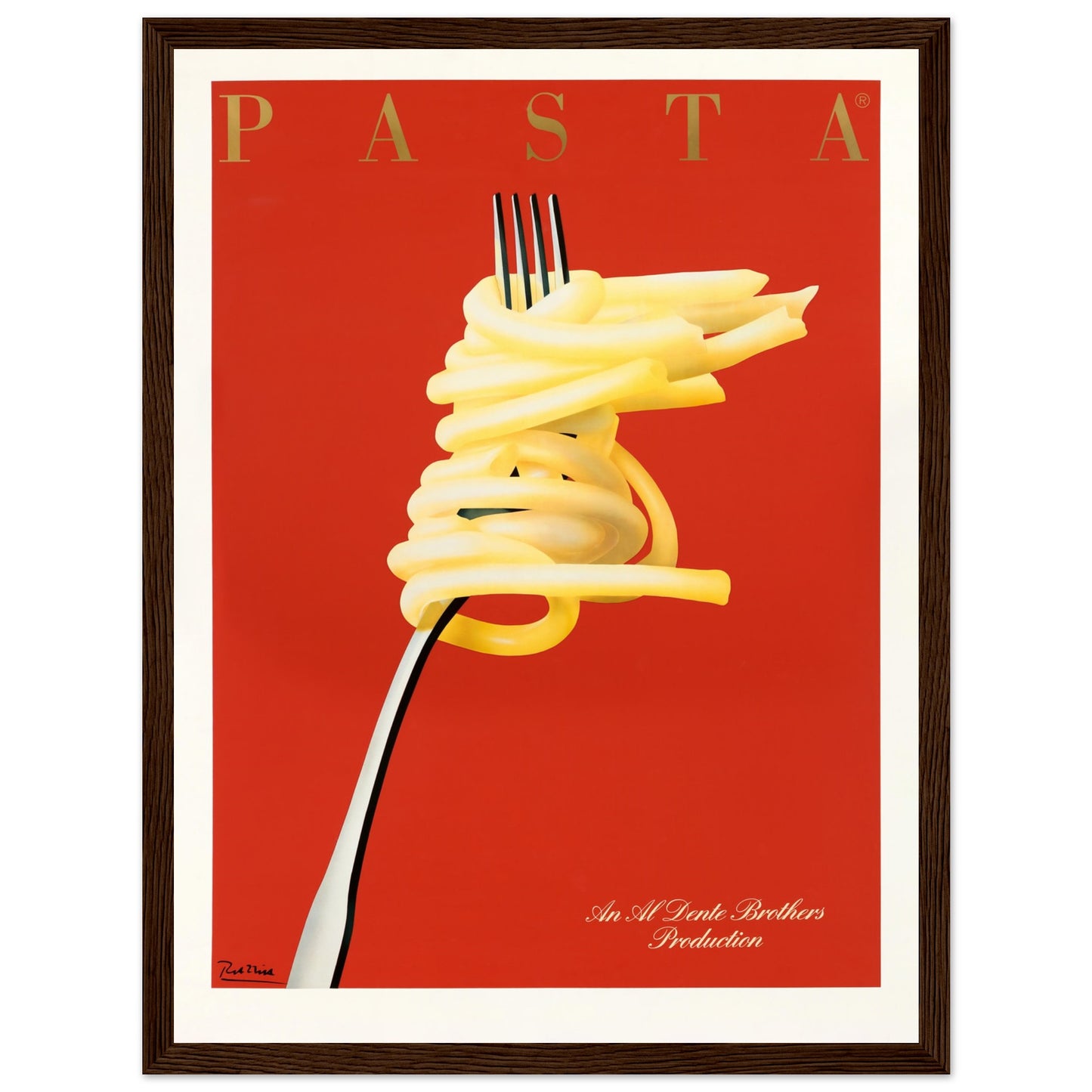 Graphic spaghetti and fork illustration in minimalist red vintage style