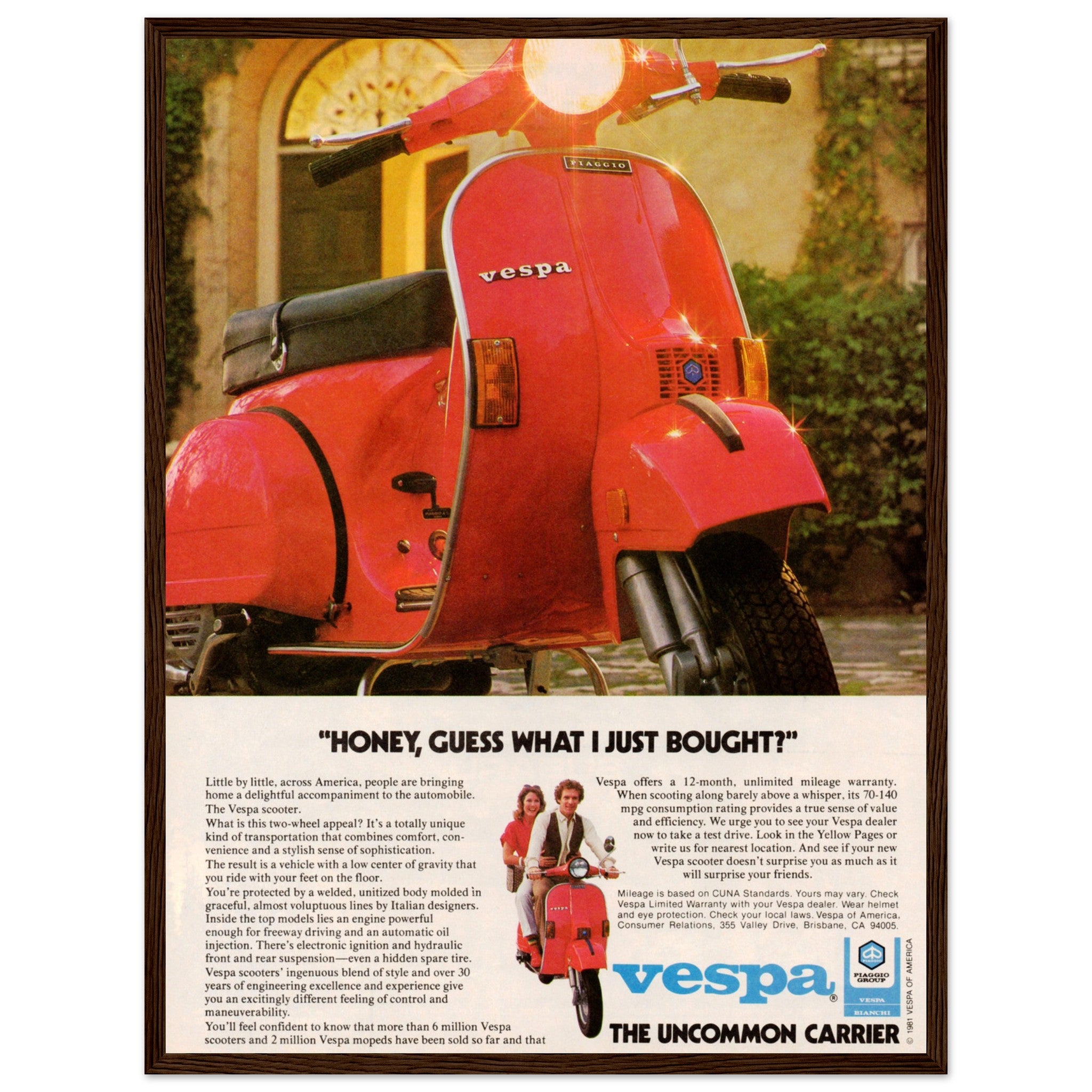 Vintage Piaggio Vespa promotional poster with red scooter parked in front of a traditional Italian building