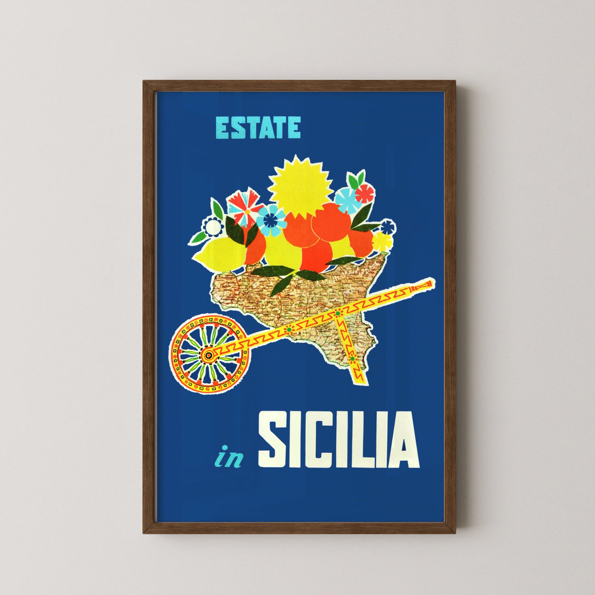 italian vintage poster sicily retro print – darkwood frame mockup