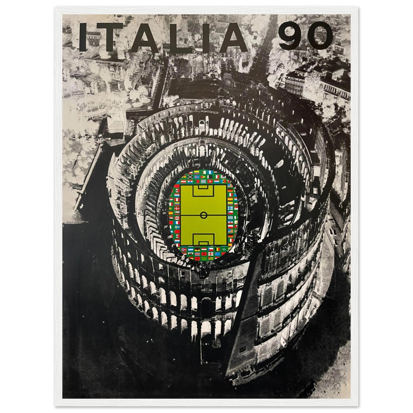 Vintage soccer art print celebrating Italy’s 1990 World Cup, featuring football imagery and iconic Roman Colosseum artwork.