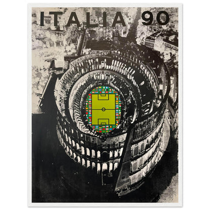 Vintage soccer art print celebrating Italy’s 1990 World Cup, featuring football imagery and iconic Roman Colosseum artwork.