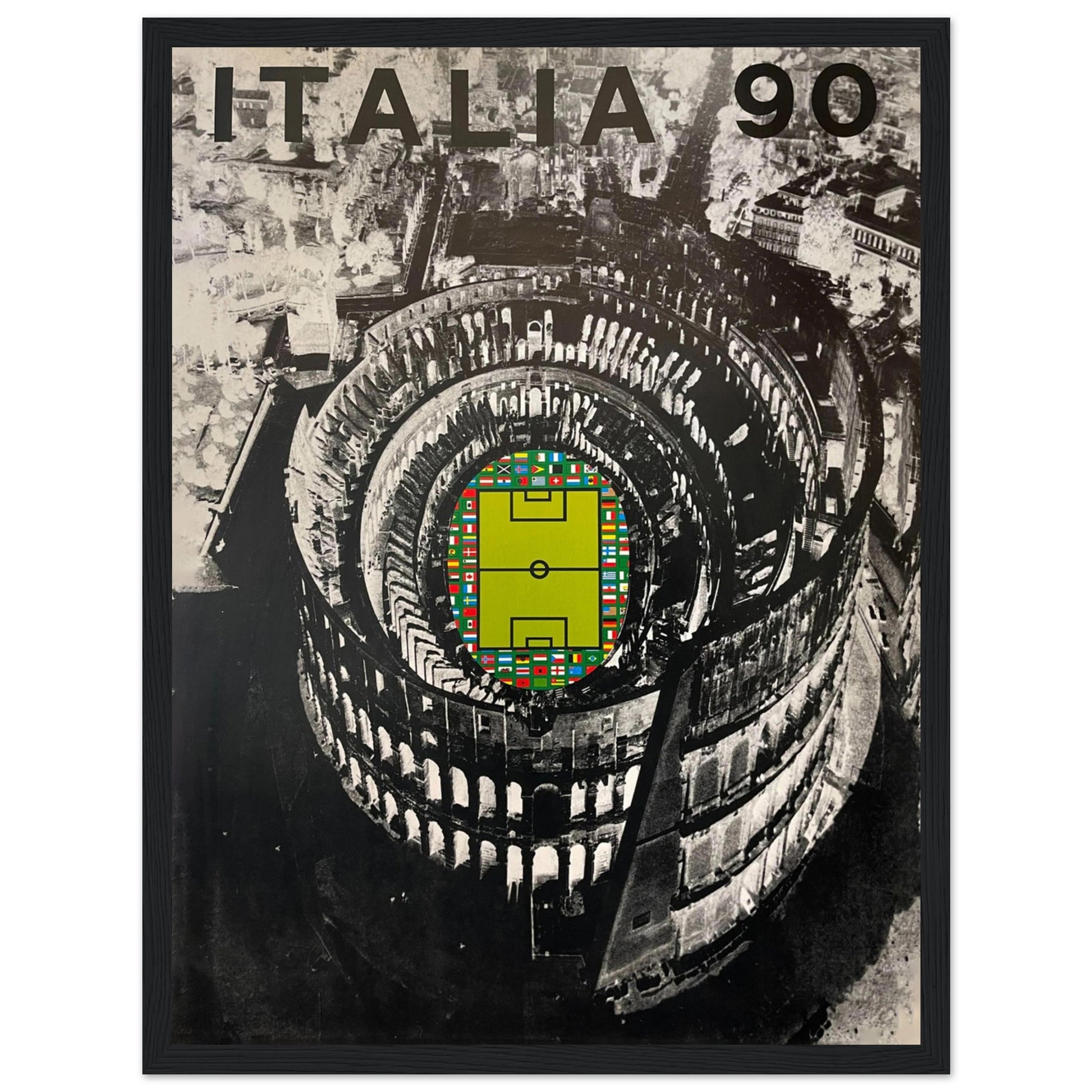Vintage Italy 1990 World Cup poster featuring football artwork and the Colosseum. Classic soccer wall art for collectors