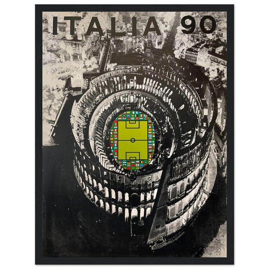 Vintage Italy 1990 World Cup poster featuring football artwork and the Colosseum. Classic soccer wall art for collectors